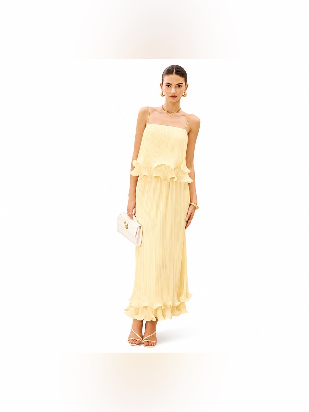 Commense Lemon Yellow Pleated Maxi Dress with Ruffle Hem